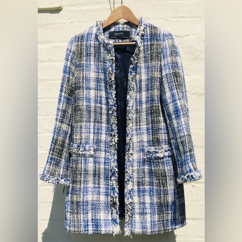 Zara Check plaid Tweed Frayed Frock blazer Coat.